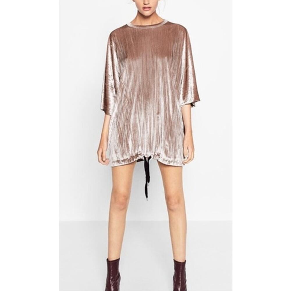 Zara Oversized Rose Gold Velvet Mini Dress Short Dolman Sleeves Hem Drawcord, M